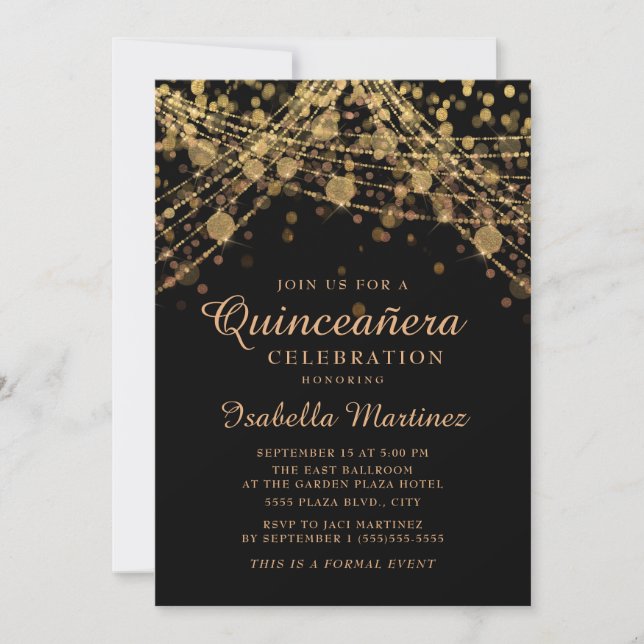 Convite Luzes de Corda Brilhante Dourado Preto Quinceañera (Frente)