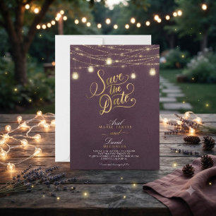 Convite Luzes de Corda Burgundy Rústicas Save the Date