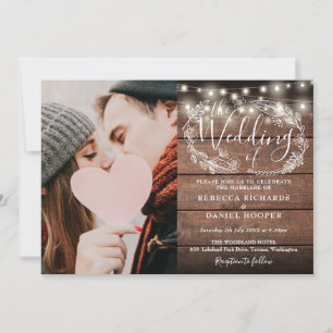 Convite Luzes de Corda Casamento Foto Script Madeira Rústi