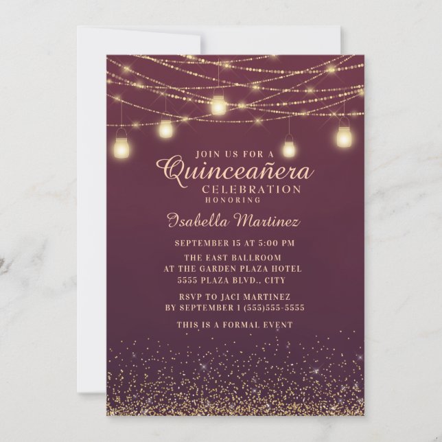 Convite Luzes de Corda com Brilho Dourado Borgonha Quincea (Frente)