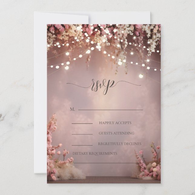 Convite Luzes de Corda com Flores Rosa Casamento RSVP   (Frente)