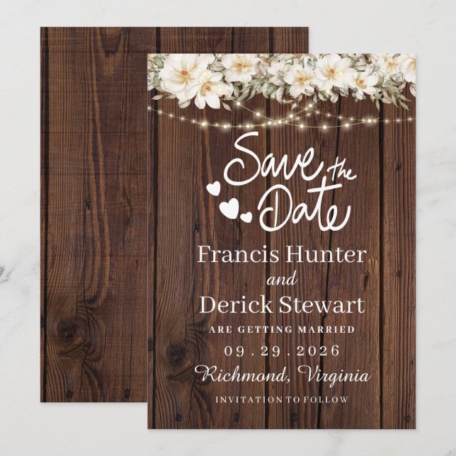 Convite Luzes de corda com folhas rústicas Reserve a data (Frente/Verso)