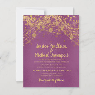 Convite Luzes de Corda com Glitter Dourado Roxo Casamento