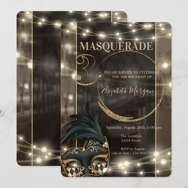 Convite Luzes de Corda com Máscara de Mascarada Aniversári (Frente/Verso)