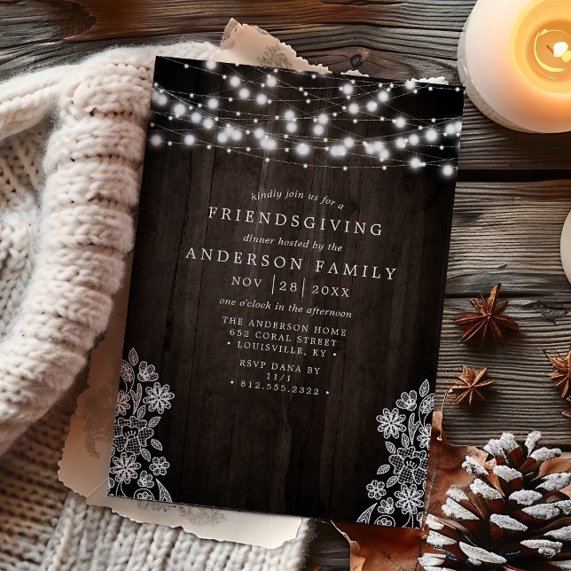Convite Luzes de Corda com Renda e Madeira - Friendsgiving (Criador carregado)