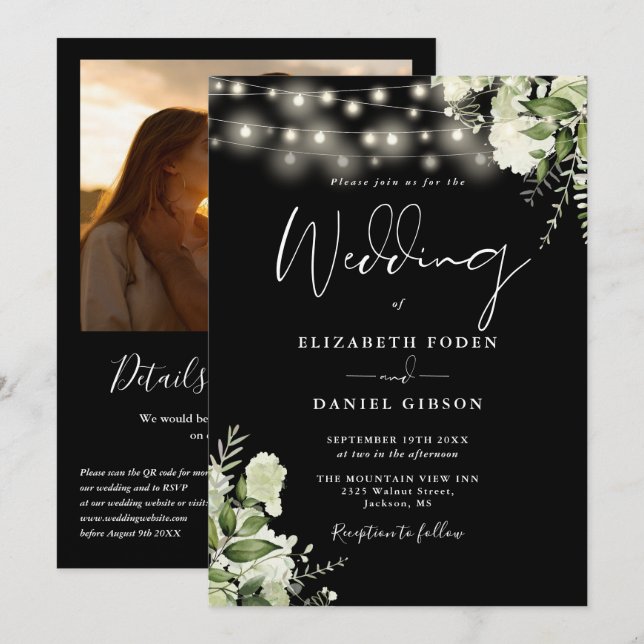 Convite Luzes de Corda com Verde QR Code Foto Casamento (Frente/Verso)