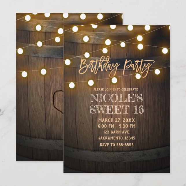 Convite Luzes de Corda de Barril de Madeira Rústica Festa  (Frente/Verso)