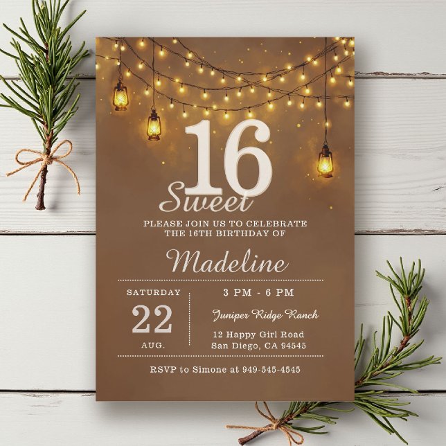 Convite Luzes de Corda de Celeiro Rústico Lanternas Sweet  (rustic sweet 16 birthday party invitation string lights barn lanterns brown gold outdoors backyard)