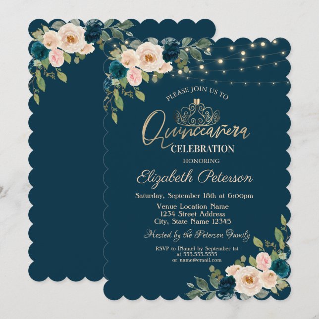 Convite Luzes de Corda de Flores Azuis Chiques Quinceañera (Frente/Verso)