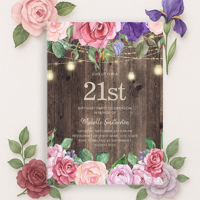 Convite Luzes de Corda de Flores Roxas Rosa Rústicas 21º (Pink and purple watercolor floral and string lights on rustic wood 21st birthday party invitation)