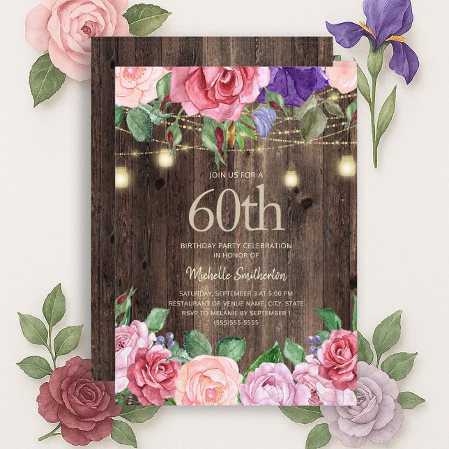 Convite Luzes de Corda de Flores Roxas Rosa Rústicas 60º (Pink and purple watercolor floral and rustic wood 60th birthday party invitation)