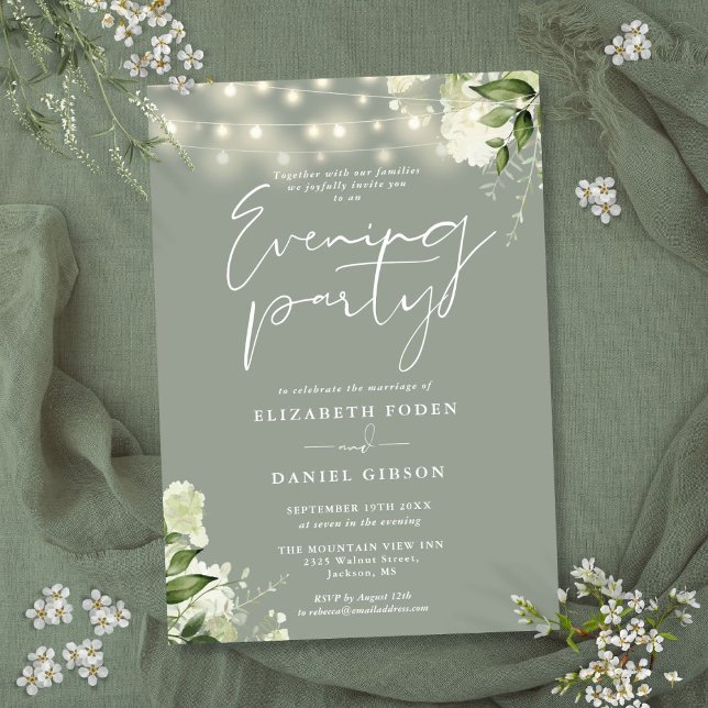 Convite Luzes de Corda de Folhagem de Salva para Casamento (Sage Greenery String Lights Wedding Evening Party Invitation)