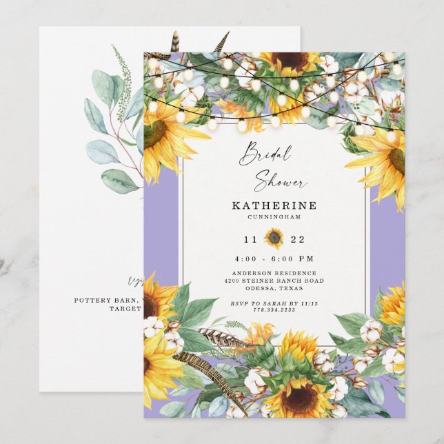 Convite Luzes de Corda de Girassol Rústico Casamento Lavan (Frente/Verso)