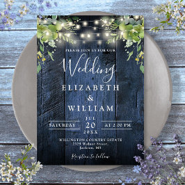 Convite Luzes de Corda de Madeira de Celeiro Azul Casament