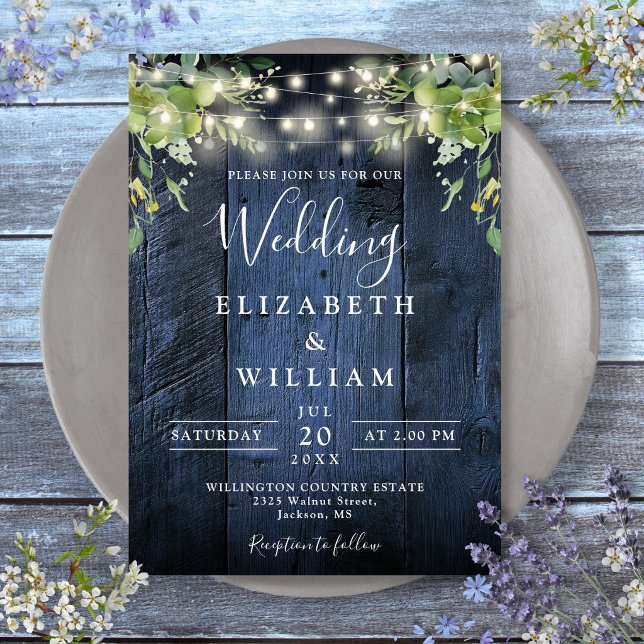 Convite Luzes de Corda de Madeira de Celeiro Azul com Casa (Blue Barn Wood String Lights Greenery Wedding Invitation)