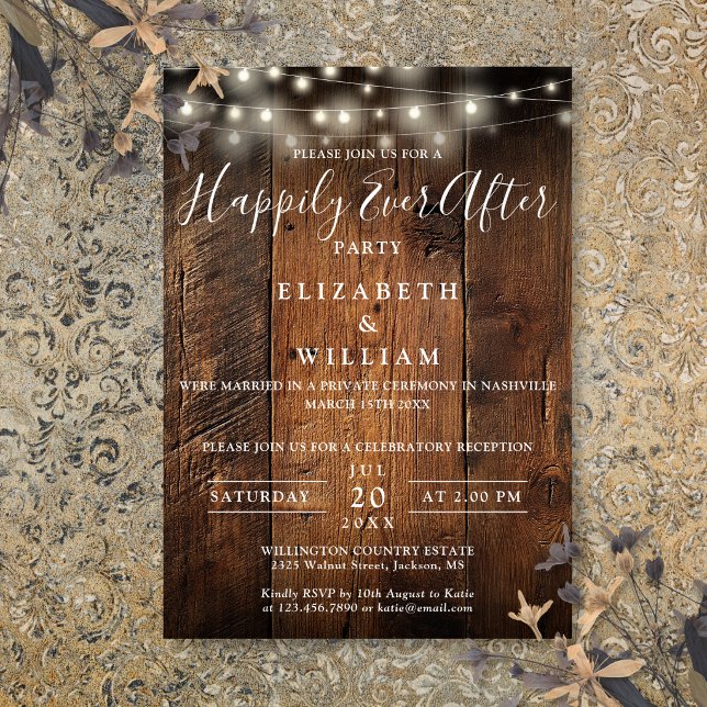 Convite Luzes de Corda de Madeira de Celeiro Rústico Recep (Rustic Barn Wood String Lights Wedding Reception Invitation)
