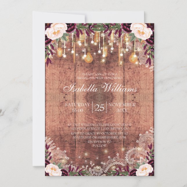 Convite Luzes de Corda de Madeira de rendas russas |Chá de (Frente)