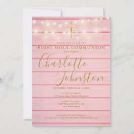 Convite Luzes de Corda de Madeira Rosa Primeira Comunhão
