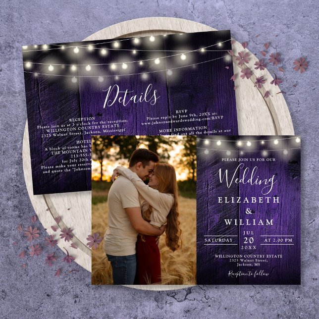 Convite Luzes de Corda de Madeira Roxa Tudo Em Um Casament (All In One Purple Wood String Lights Wedding Photo Invitation)