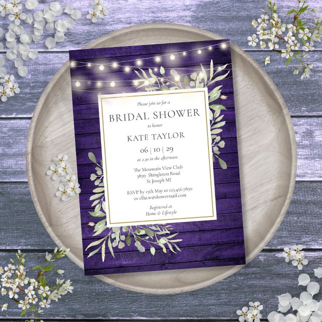 Convite Luzes de Corda de Madeira Roxa Verde Churrasco de  (Purple Wood String Lights Greenery Bridal Shower Invitation)