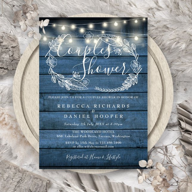 Convite Luzes de Corda de Madeira Rústica Azul Casal Banho (Blue Rustic Wood String Lights Couples Shower Invitation)