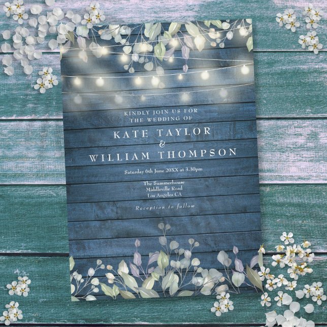 Convite Luzes de Corda de Madeira Rústica Azul Casamento c (Blue Rustic Wood String Lights Greenery Wedding Invitation)