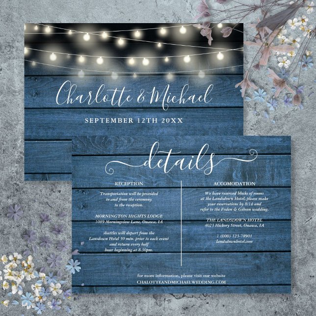Convite Luzes de Corda de Madeira Rústica Azul Detalhes do (Blue Rustic Wood String Lights Wedding Details Invitation)