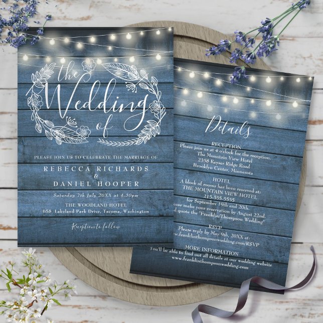 Convite Luzes de Corda de Madeira Rústica Azul Tudo Em Um  (All In One Blue Rustic Wood String Lights Wedding Invitation)