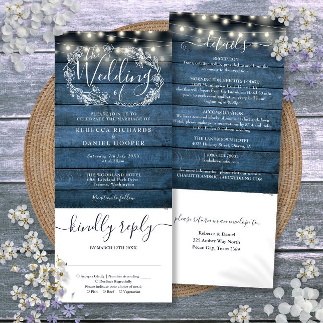 Convite Luzes de Corda de Madeira Rústica Azul Tudo em Um  (Blue Rustic Wood String Lights All In One Wedding Invitation)