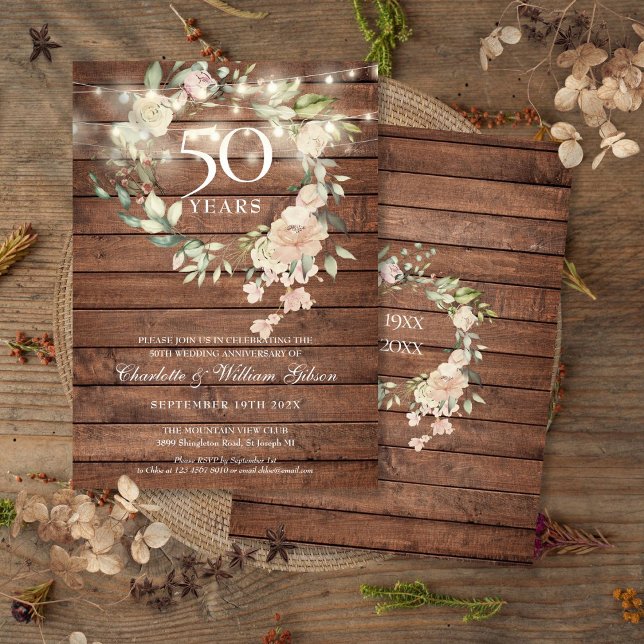 Convite Luzes de Corda de Madeira Rústica Floral 50º Anive (Rustic Wood String Lights Floral 50th Anniversary Invitation)