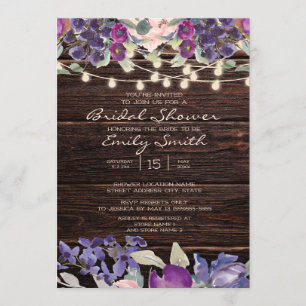 Convite Luzes de Corda de Madeira Rústica Floral Roxo Nupc