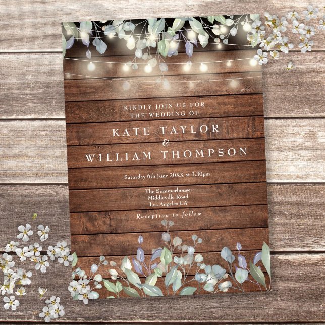Convite Luzes de Corda de Madeira Rústica para Casamento F (Rustic Wood String Lights Greenery Floral Wedding Invitation)
