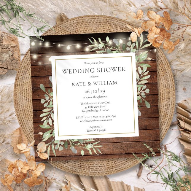Convite Luzes de Corda de Madeira Rústica para Noivado com (Rustic Wood String Lights Greenery Wedding Shower Invitation)