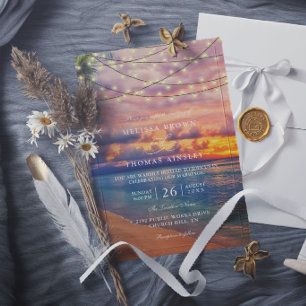 Convite Luzes de Corda de Praia ao Pôr do Sol Casamento Mo