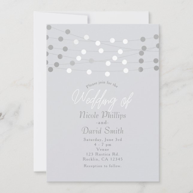 Convite Luzes de Corda de Prata Branco Casamento Moderno C (Frente)