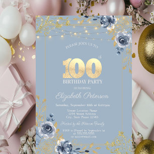 Convite Luzes de Corda de Rosas Azuis Aniversário de 100 a