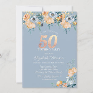 Convite Luzes de Corda de Rosas Azul Empoeirado 50º Aniver