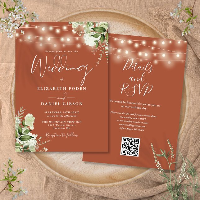 Convite Luzes de Corda de Terracota Código QR Casamento Fl (Terracotta String Lights Floral QR Code Wedding Invitation)
