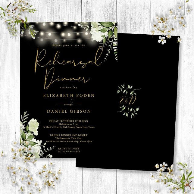 Convite Luzes de Corda de Verdura Preto Dourado Jantar de  (Greenery String Lights Black Gold Rehearsal Dinner Invitation)