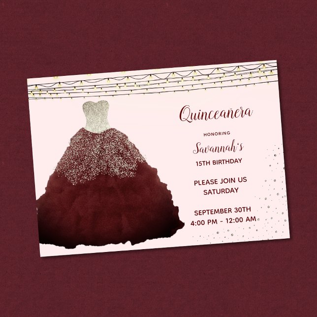 Convite Luzes de Corda de Vestido Vermelho Princesa Quince (Criador carregado)
