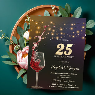 Convite Luzes de Corda de Vinho Tinto Aniversário de 25 An