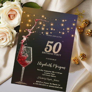 Convite Luzes de Corda de Vinho Tinto Aniversário de 50 An