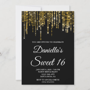 Convite Luzes de Corda Dourada Espelhada Black Sweet 16