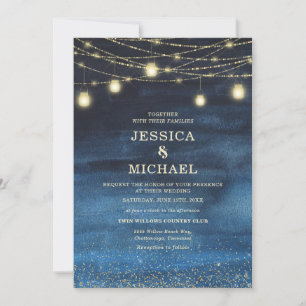 Convite Luzes de Corda Douradas Casamento Azul Marinho