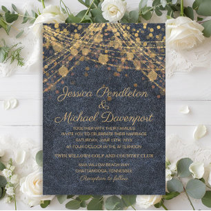 Convite Luzes de Corda Douradas Rústicas Glam para Casamen