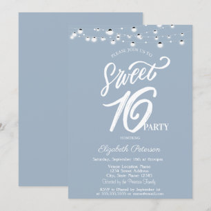 Convite Luzes de Corda Elegantes Azul Empoeirado Sweet 16