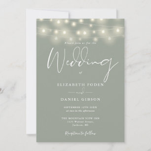 Convite Luzes de Corda Elegantes Casamento Verde Sage