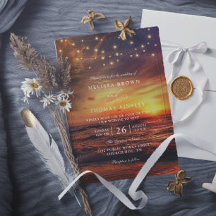 Convite Luzes de Corda Elegantes Código QR Casamento Praia