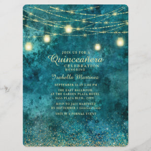 Convite Luzes de Corda Elegantes com Brilho Dourado e Azul