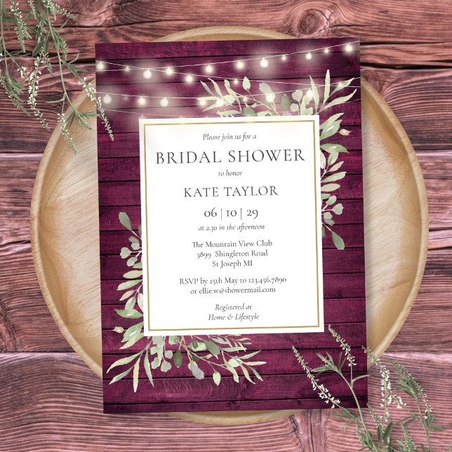 Convite Luzes de Corda em Madeira Burgundy com Verdura Chá (Burgundy Wood String Lights Greenery Bridal Shower Invitation)